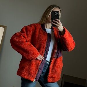Free People orange- purple fleece bomber jacket, size:S , good condition